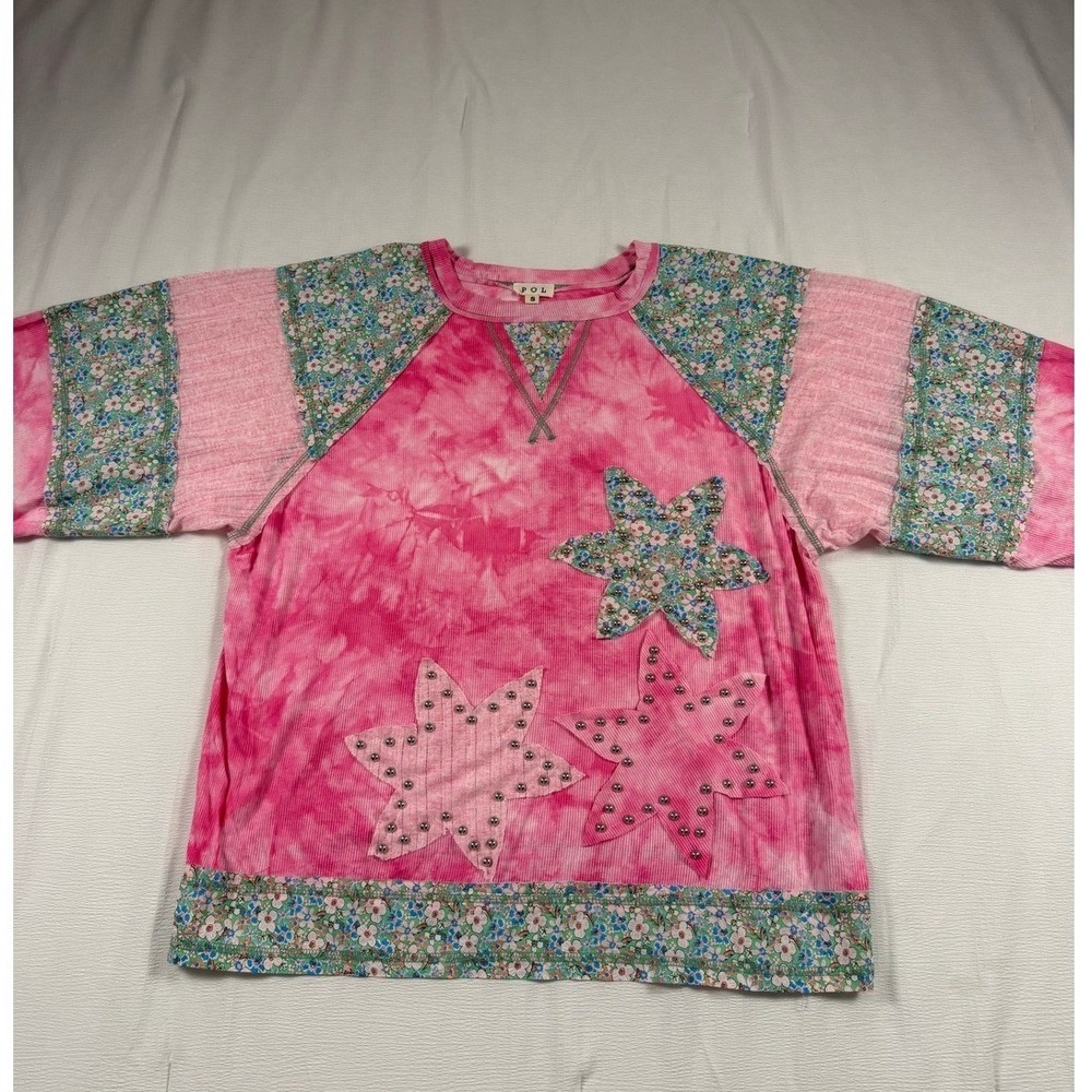 POL Pink Tie Dye Floral Star Studded Ribbed Top UKT559 Small Boho Mixed Media
